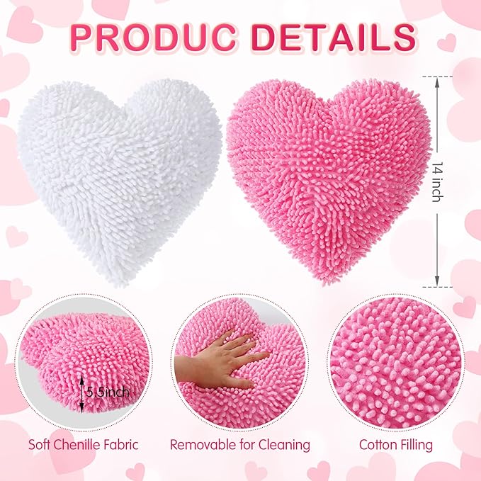 2 Pcs Valentine's Day Heart Shaped Pillow 14 Inch Heart Chenille Pillow Cushion Plush Soft Throw Cushion with Removable Cover for Sofa Couch Bed Women Valentine's Gifts(White, Pink)