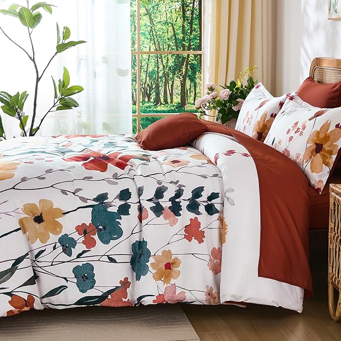Anibedding 8Pieces King Size Comforter Set, Orange Watercolor Floral Queen Size Bed in a Bag Comforter Set with Pillowcase, Sheets for All Season