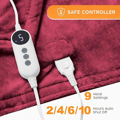 HYLEORY Heated Electric Blanket Throw, 2-Layer Cozy Warm Flannel 50" x 60", Heating Blanket with 9 Heating Levels, 2/4/6/10 Hours Auto Off, Fast Heating Winter Blanket, Red