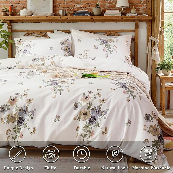 Floral Comforter Queen Size 100% Cotton Comforter with Blush Blue Floral 3 Pieces Vintage Botanical Bedding Sets Soft and Lightweight Comforter Set for All Seasons