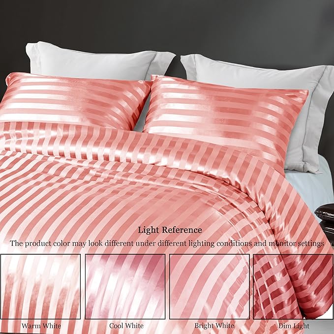 Whale Flotilla 3-Piece Reversible Silky Soft King Size Comforter Set, Luxury Stripe Satin Oversized Comforter Bedding Set with 2 Satin Pillowcases, Lightweight Duvet for All Seasons, Pink