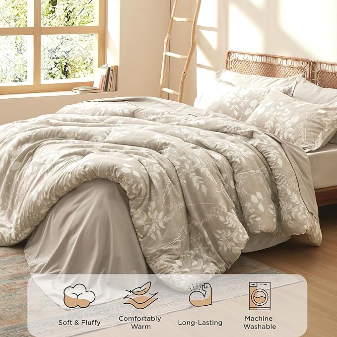 Bedsure King Size Comforter Set - 7 Pieces Floral Beige Soft Bedding Sets, King Bed in a Bag with Botanical Flowers Comforter, Sheets, Pillowcases & Shams