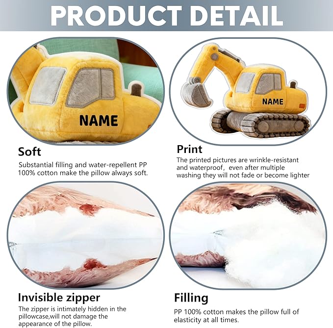 Custom Excavator Shaped Pillow Personalized Double-Sided Printed Cute Pillow Customized Christmas Party Commemorative Gift Sofa Decorative for Boys and Girls 8-32in