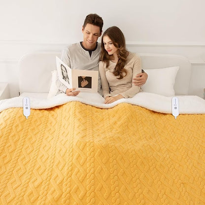 Electric Blanket Queen Size 84"X90" Yellow - Soft Thick Warm Sherpa Heated Blanket for Winter with Dual Control, 5 Heating Levels & 10hrs Auto Off for Women, Overheat Protection for Bed