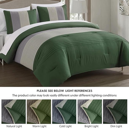 Chezmoi Collection Briar 7-Piece King Bed in a Bag - All Season Lightweight Microfiber Comforter Set - Includes Sheets & Shams - Forest Green/Gray/Cream Pleated Stripe Design