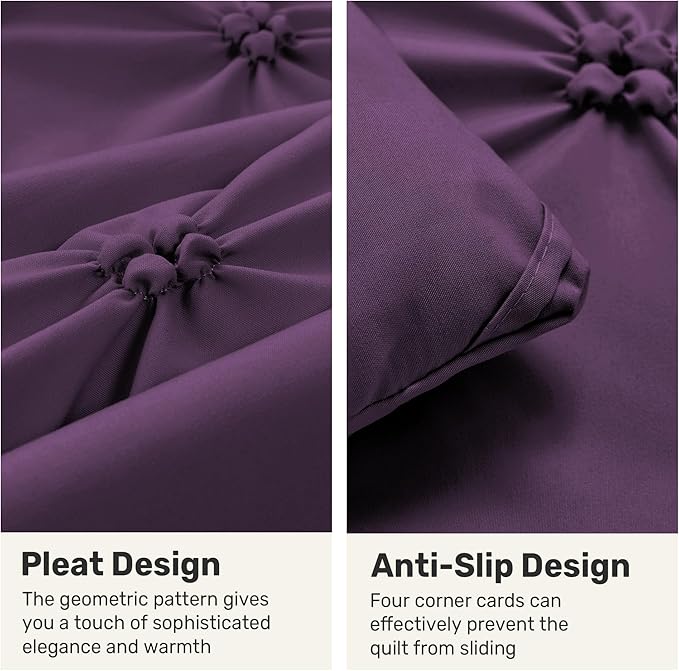 UNIKOME King Size Comforter Set Purple - Ultra Soft Boho Pintuck Down Alternative Bedding Set for All Seasons, 3 Pieces Lightweight Warm Pinch Pleat Bed Set with Comforter, 2 Pillowcases