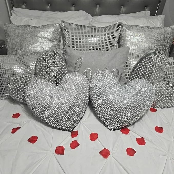 2 Pcs Rhinestones Heart Pillows with Sparkles Faux Crystal Pearls on Velvet Throw Pillow Silver Glitter Heart Cushion for Wedding Decoration Bed Sofa Mom Birthday Gifts, 13.8 x 11.8 Inch