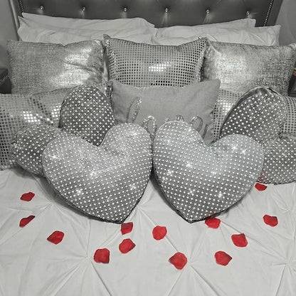 2 Pcs Rhinestones Heart Pillows with Sparkles Faux Crystal Pearls on Velvet Throw Pillow Silver Glitter Heart Cushion for Wedding Decoration Bed Sofa Mom Birthday Gifts, 13.8 x 11.8 Inch