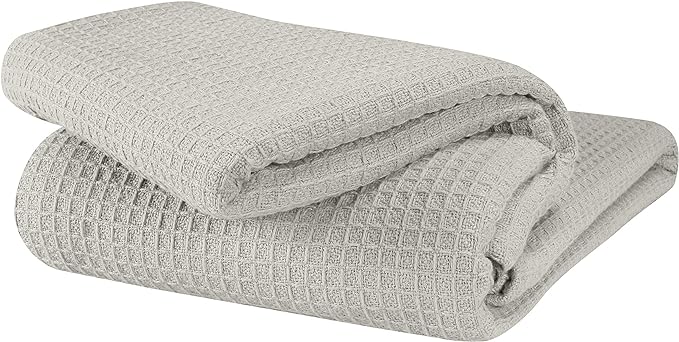 GLAMBURG 100% Cotton Thermal Twin Blanket, Breathable Soft Waffle Blanket, All Season Light Grey