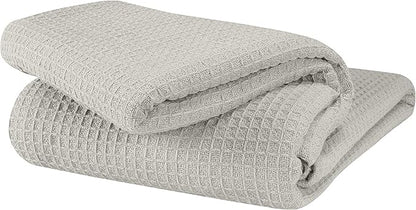 GLAMBURG 100% Cotton Thermal Blanket, Breathable Waffle Blanket, Queen Size, All Season, Light Grey