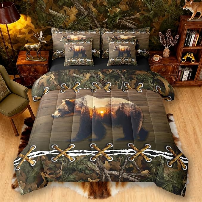 Camo Full Size Bed Sheets and Comforter Set | Brown Bear 7 Piece Bedding Set Mens Country Bed in a Bag, Farmhouse Woodland Animals Hunting Room Decor,Camouflage Rustic Cabin Decor Camo Bed Set