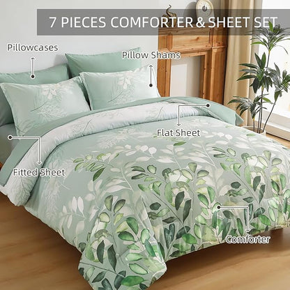 Anibedding Sage Green Queen Comforter Set, 7 Piece Botanical Gradient Leaves Ultra Soft Microfiber Down Alternative Bedding Set with Sheets and Bedroom for All Season