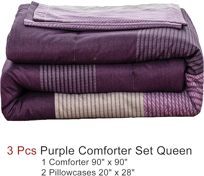 WONGS BEDDING Purple Comforter Set Queen, Reversible Purple Striped Patchwork Alternative Comforte Set for Queen Bed,3 Pieces(1 Comforter+2 Pillowcases), Soft Microfiber Bedding Set 90”×90”