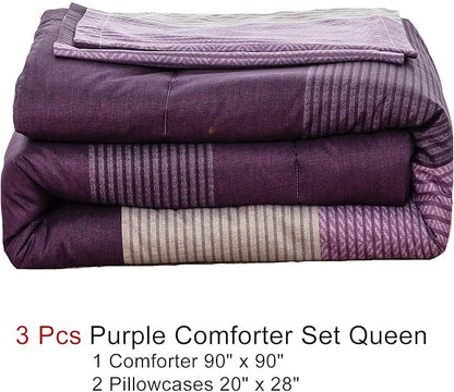 WONGS BEDDING Purple Comforter Set Queen, Reversible Purple Striped Patchwork Alternative Comforte Set for Queen Bed,3 Pieces(1 Comforter+2 Pillowcases), Soft Microfiber Bedding Set 90”×90”