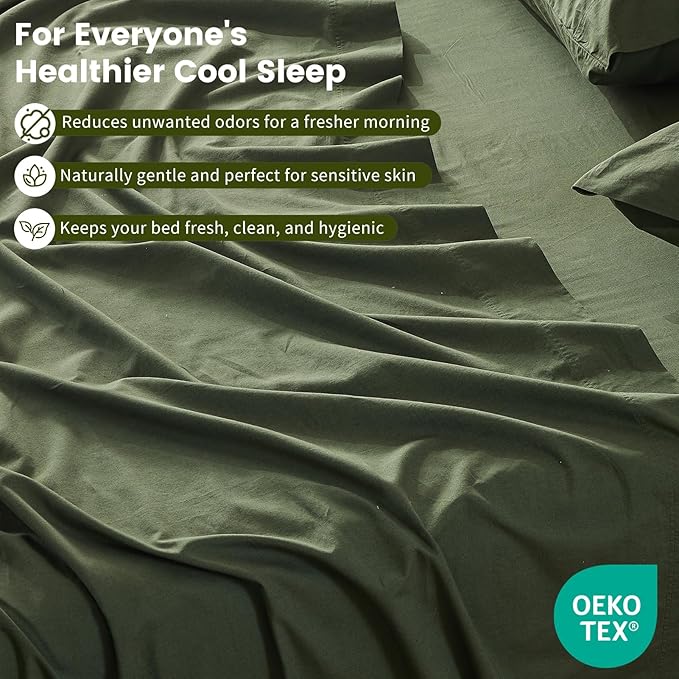 100% Linen Sheet Set Queen Size Extra Deep Pocket Fits 18-24 Inch Mattress, Breathable & Soft, Smooth 6-Piece Set for Thick Mattresses Hotel Luxury Bedding（Queen, Forest Green）