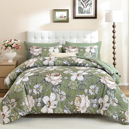 Luxudecor Queen Comforter Set 7 Pieces Bedding Sets,Olive Green Floral Comforter and Sheet Set,Soft Microfiber Bed in a Bag for All Seasons (Olive Green,90"x90")