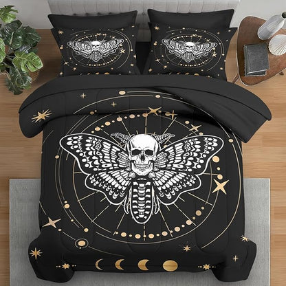 Comforter Set Twin Size, Moth Dead Sun Moon 5 Pcs Bedding for Adults, Animal Butterfly Bed Sheet Sets with Fitted Sheet Pillowcase & Sham for Bedroom Bed Decor