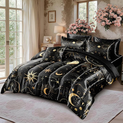 Sun and Moon Comforter Set Gray Satin Bedding Queen Stars Cloud Galaxy Comforter Mysterious Celestial Theme Silk Like Silky Bed in A Bag with Comforter and Sheets
