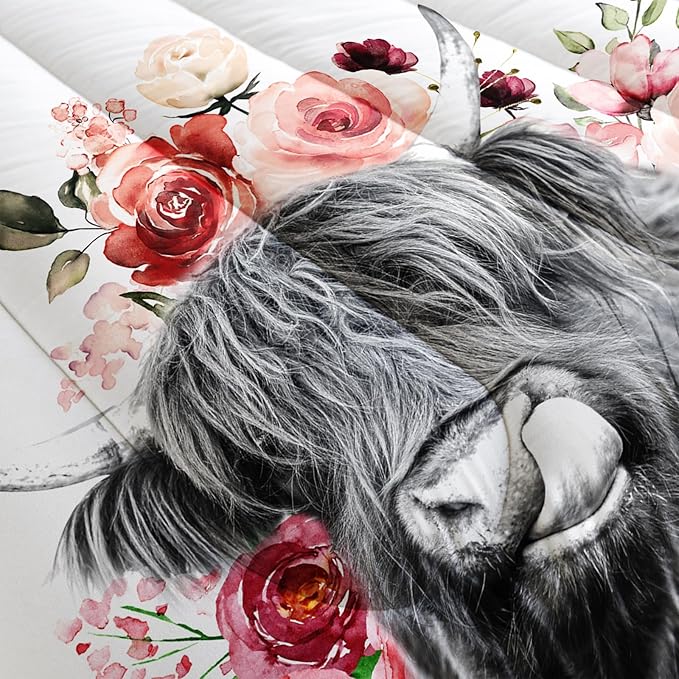 Highland Cow Comforter Sets Queen，Bedding Sets for Kids,Wildlife Farmhouse Flower Cow Comforter Sets All Season 1 Comforter and 2 Pillowcases