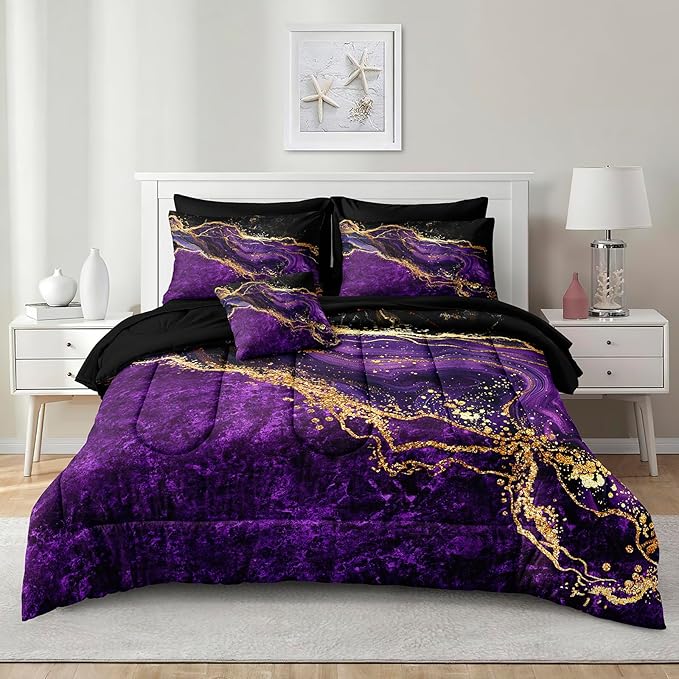 Black Gold Comforter Set 8 Pcs Purple Marble Bedding Set Full Size Bed in A Bag Stone Texture Abstract Room Decor