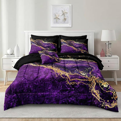 Black Gold Comforter Set 8 Pcs Purple Marble Bedding Set Full Size Bed in A Bag Stone Texture Abstract Room Decor