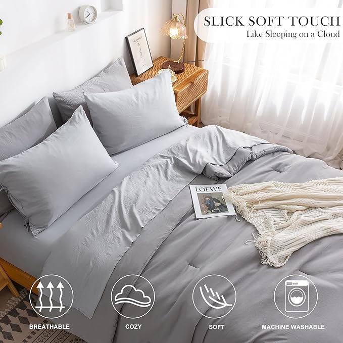 COTTEBED Super Soft King Size Comforter Set with Sheets - 7 Pieces King Bed in A Bag Modern Farmhouse Solid Polycotton Dark Gray Conforter and Light Grey Bedding Sheet Set Pillow Shams All Season Use