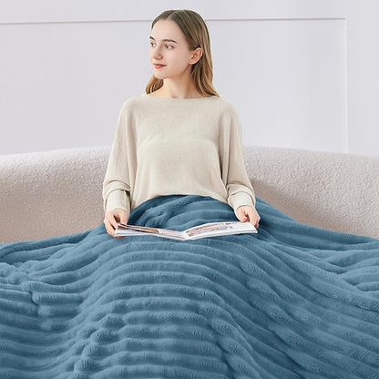 BEDELITE Fleece Throw Blanket for Couch - 300GSM Soft & Warm Fluffy Light Blue Blanket, Decorative and Giftable Striped Blankets for Women, Men, 50"x60"