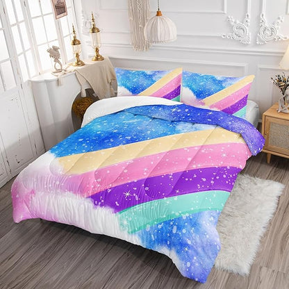3 Piece Rainbow King Size Comforter Set for Teen Girls Adults,Stars Soft Bedding Sets All Season,Blue Space Quilt Set Season Alternative Down Bedding with 2 Pillowcase,104x91 Inches