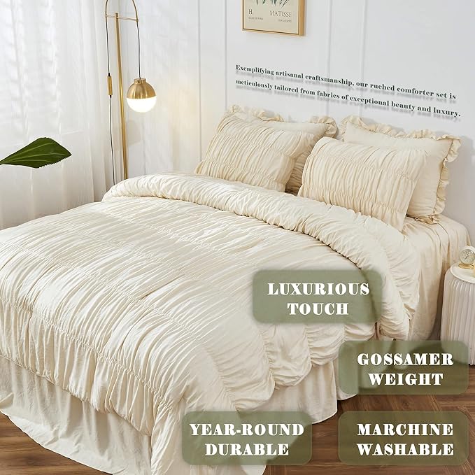 Bonlino King Size Comforter Set Bedding - Ruched Wheat Comforter King Bed Set Boho Shabby Chic 3 Piece Ruffle Comforter Set with Pillow White Fluffy Soft and Luxury