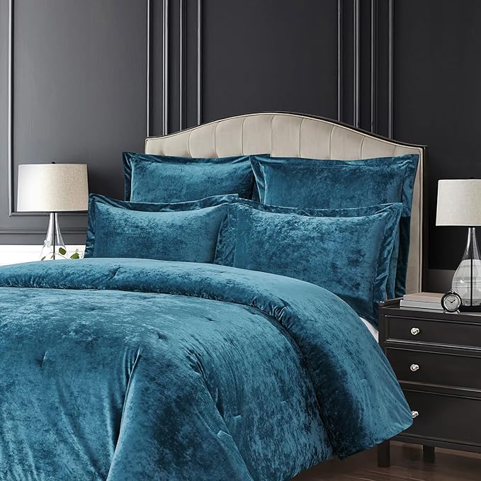 Sunshine Nicole Distressed Velvet Comforter Set, Distressed Velvet Face and Brushed Solid Microfiber Reverse, with Light Weight Soft Poly Fill, 5 Pieces Teal, King