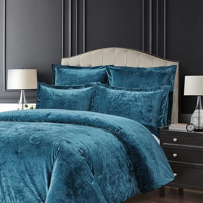 Sunshine Nicole Distressed Velvet Comforter Set, Distressed Velvet Face and Brushed Solid Microfiber Reverse, with Light Weight Soft Poly Fill, 5 Pieces Teal, Queen