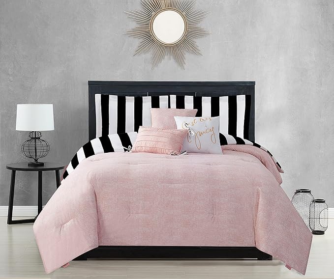 Juicy Couture – Comforter Set, Cabana Stripe Design, Twin Bedding, 5 Piece Set Includes 1 Comforter, 1 Sham and 3 Decorative Pillows, 100% Microfiber Polyester, Wrinkle Resistant