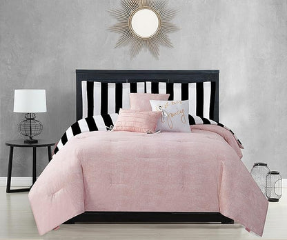 Juicy Couture – Comforter Set, Cabana Stripe Design, Twin Bedding, 5 Piece Set Includes 1 Comforter, 1 Sham and 3 Decorative Pillows, 100% Microfiber Polyester, Wrinkle Resistant