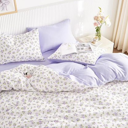 Wake In Cloud - Floral Comforter Set with Sheets, Coquette Cottagecore Aesthetic Flower Shabby Chic Pattern for Women Teen Girls, 7 Pieces Bed in a Bag, White Purple, Queen Size