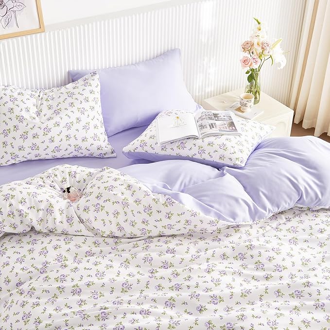 Wake In Cloud - Floral Comforter Set with Sheets, Coquette Cottagecore Aesthetic Flower Shabby Chic Pattern for Women Teen Girls, 7 Pieces Bed in a Bag, White Purple, Full Size