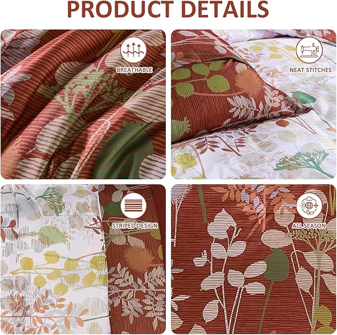 Anibedding 7Pieces Queen Comforter Set, Brown Botanical Bed in a Bag Complete Set with Sheet Pillowcase for Bedroom All Season
