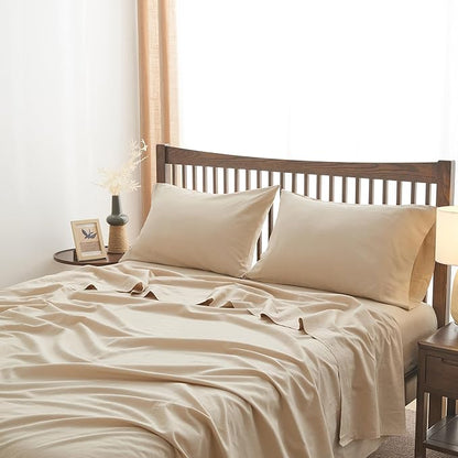 Simple&Opulence Belgian Linen Sheet Set Solid Color - 4 Pieces (1 Flat Sheet, 1 Fitted Sheet & 2 Pillowcases) Natural Flax Cotton Blend Soft Breathable Farmhouse Bedding - King Size, Linen/Beige