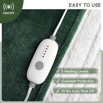 Heated Blanket Electric Blanket Queen Size 84''x90'' with 5 Heating Levels, 10 Hour Auto Shut Off, Machine Washable, Dual Controller Soft Warming Blanket for Couch, Bed, Office - Grass Green