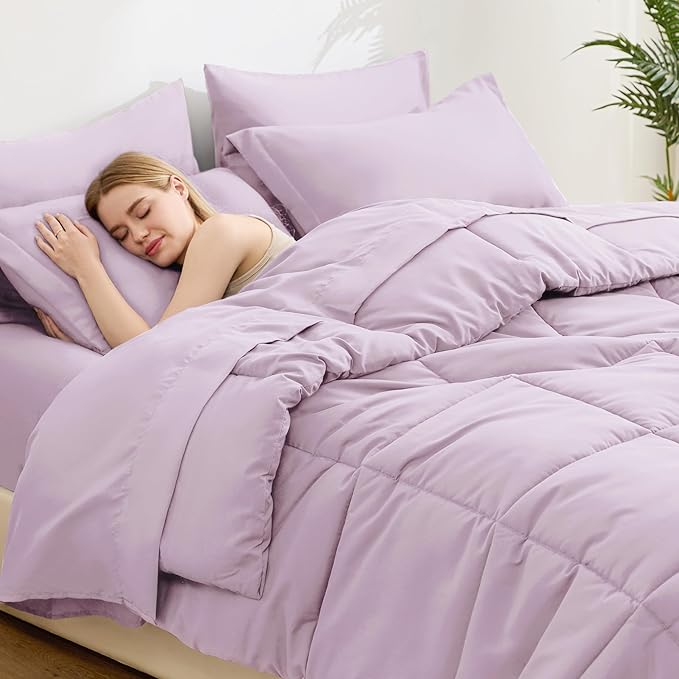 Love's cabin Twin XL Comforter Set Light Purple, 5 Pieces Twin XL Bed in a Bag, All Season Bedding Sets with 1 Comforter, 1 Flat Sheet, 1 Fitted Sheet, 1 Pillowcase and 1 Pillow Sham
