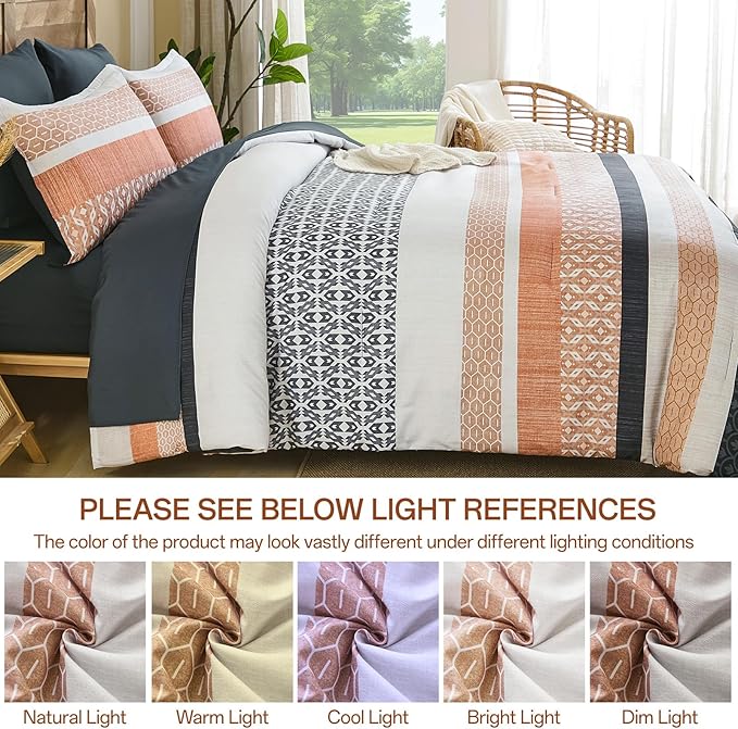 DJY King Size Comforter Set,Boho Striped Bedding Sets,7 Piece Orange Patchwork Soft Microfiber Comforter Set for All Season(90"×90")