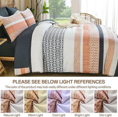 DJY Queen Size Comforter Set,Boho Striped Queen Bed Set,7 Piece Orange Patchwork Soft Microfiber Bedding Set for All Season(90"×90")