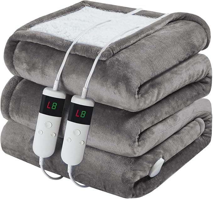 Electric Heated Blanket King Size 90''x100'' Soft Flannel & Sherpa Electric Blanket with 10 Heating Levels, Automatically Shut Down After 8h with Overheat Protection Machine Washable