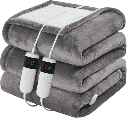 Electric Heated Blanket Queen Size 84''x90'' Soft Flannel & Sherpa Electric Blanket with 10 Heating Levels, Automatically Shut Down After 8h with Overheat Protection Machine Washable