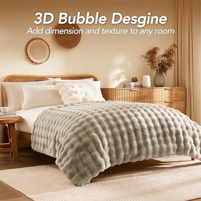 L'AGRATY Faux Rabbit Fur Blanket: 60" x 80" Twin Luxury Soft Fluffy Thick Fur Throw Blanket for Couch Bed Sofa - Cozy Plush Bubble Blankets for Winter: Flannel Fleece Decorative Blanket(Castle Grey)