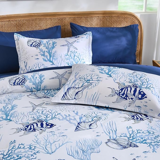 WONGS BEDDING Coastal Queen Size Comforter,7 Pieces Beach Nautical Themed Bed in a Bag Bedding Set,Ocean Coral Starfish Pattern Soft Comforters for All Season, 90"x90"