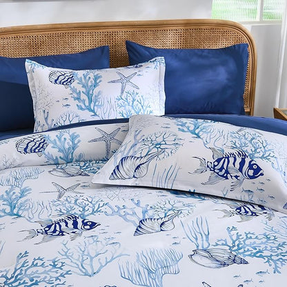 WONGS BEDDING Coastal Queen Size Comforter,7 Pieces Beach Nautical Themed Bed in a Bag Bedding Set,Ocean Coral Starfish Pattern Soft Comforters for All Season, 90"x90"