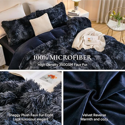 Andency Faux Fur Tie-Dyed Black Blue Comforter for Queen Size Bed, 3 Pieces Fluffy Fuzzy Plush Bedding Comforter Set (1 Shaggy Velvet Comforter & 2 Pillowcases)
