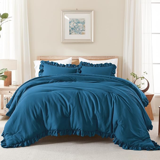 Andency Teal Ruffle Comforter Full (79x90Inch), 3 Pieces(1 Ruffled Comforter and 2 Pillowcases) Solid Farmhouse Shabby Chic Bed, Vintage Rustic Soft Microfiber Bedding Set
