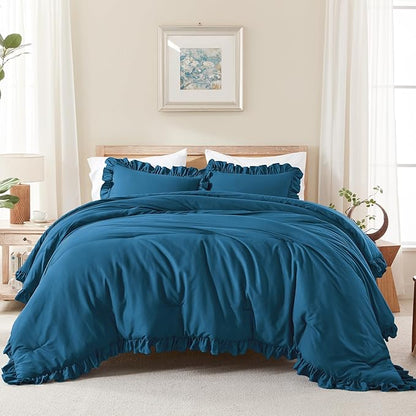 Andency Teal Ruffle Comforter Cal King(104x96Inch), 3 Pieces(1 Ruffled Comforter and 2 Pillowcases) Solid Farmhouse Shabby Chic Bed, Vintage Rustic Soft Microfiber Bedding Set