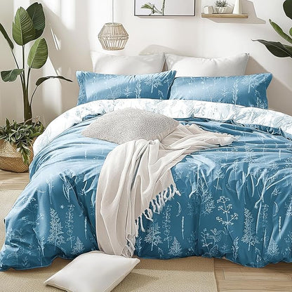 Love's cabin Mineral Blue Full Comforter Set - Full Size Comforter Set, 3 Pieces Cute Floral Bedding Sets for All Seasons,1 Soft Reversible Botanical Flowers Comforter and 2 Pillow Shams